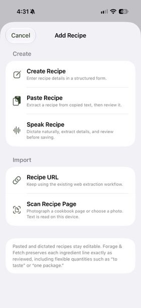 Add Recipe menu with Create Recipe, Paste Recipe, Speak Recipe, Recipe URL and Scan Recipe Page