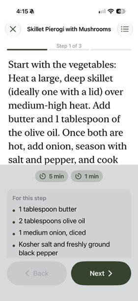 Cook mode on step 1 with 5 min and 1 min timer buttons and the ingredients for this step