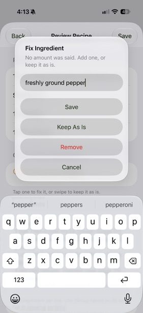 Fix Ingredient dialog with Save, Keep As Is and Remove