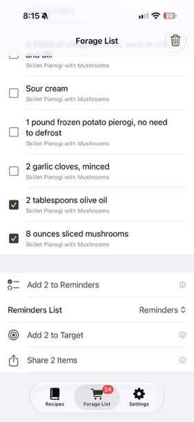 Bottom of the Forage List with Add 2 to Reminders, the Reminders List picker, Add 2 to Target and Share 2 Items