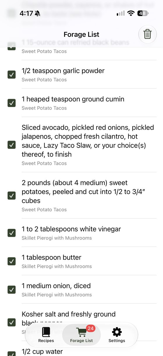 Forage List with ticked items from Sweet Potato Tacos and Skillet Pierogi