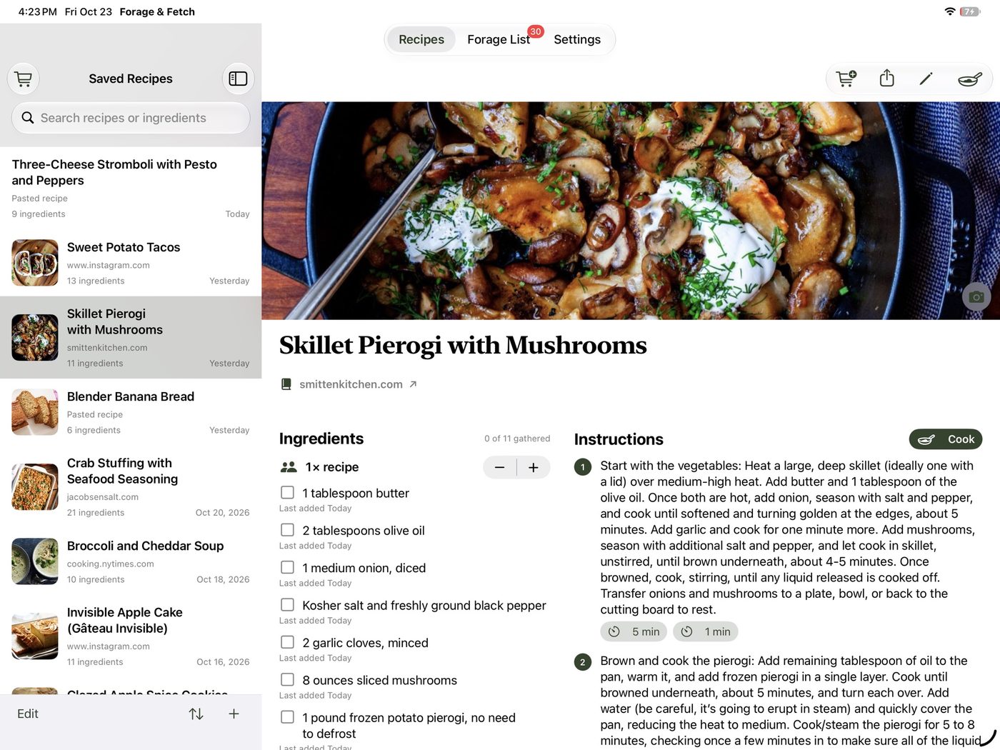 iPad in landscape with the recipe list beside Skillet Pierogi with Mushrooms