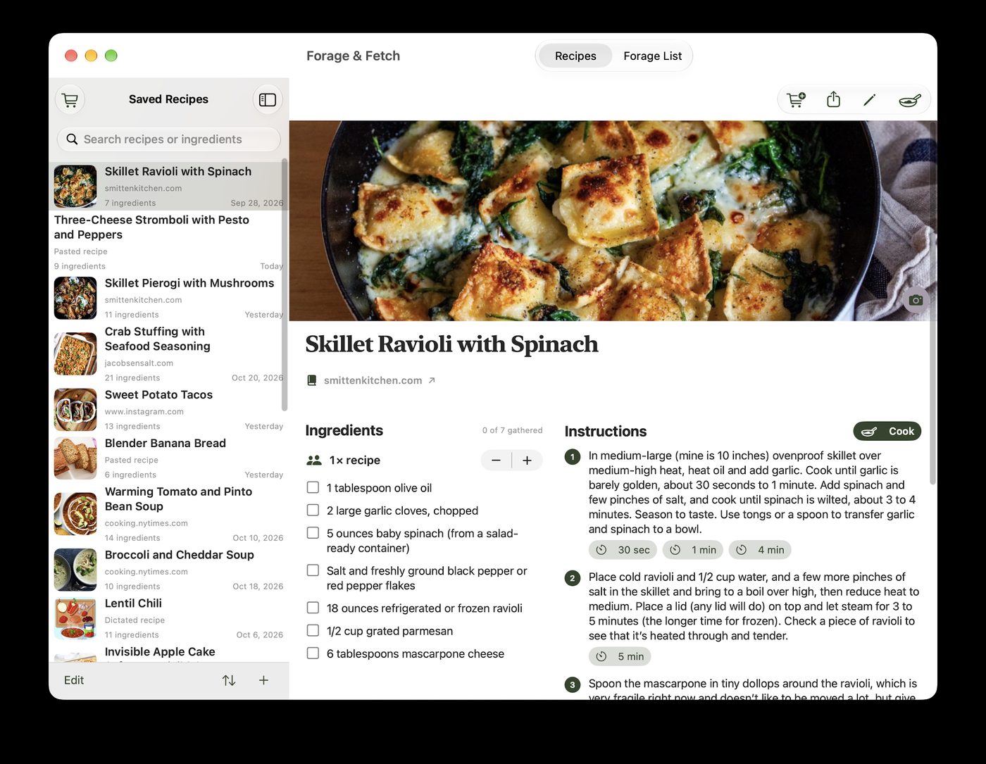 Mac app window with the recipe list beside Skillet Ravioli with Spinach