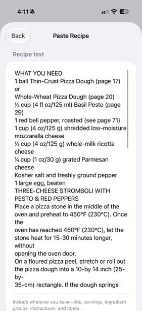 Paste Recipe screen with cookbook text pasted in