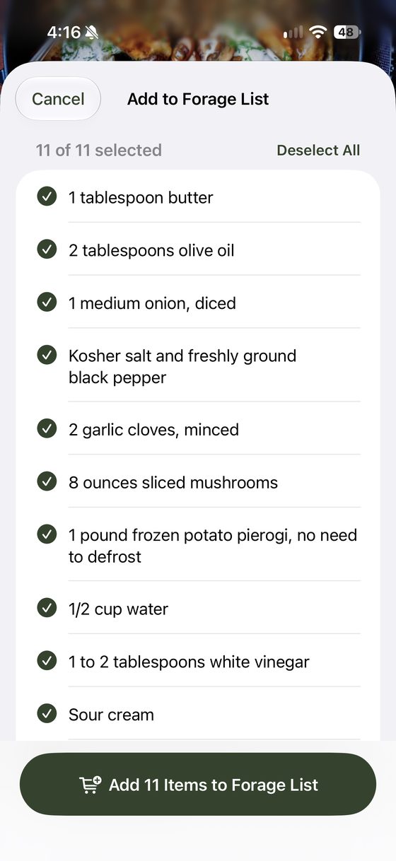 Add to Forage List picker with all 11 ingredients selected