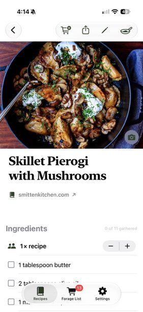 Top of a recipe page with photo, title and buttons