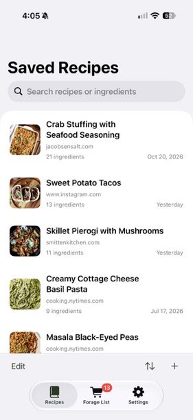 The Recipes tab listing saved recipes with photos