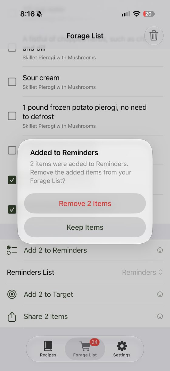 Added to Reminders alert with Remove 2 Items and Keep Items