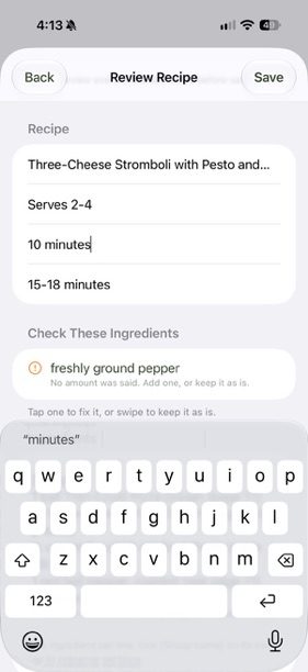 Review Recipe screen with Check These Ingredients