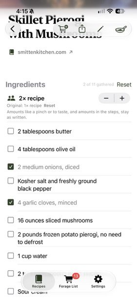 Ingredients doubled to 2× with two ticked as gathered