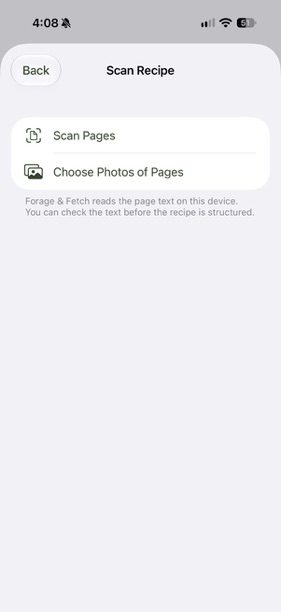 Scan Recipe screen with Scan Pages and Choose Photos of Pages