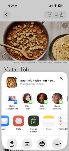 Safari share sheet with Forage & Fetch in the app row