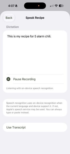 Speak Recipe screen while recording