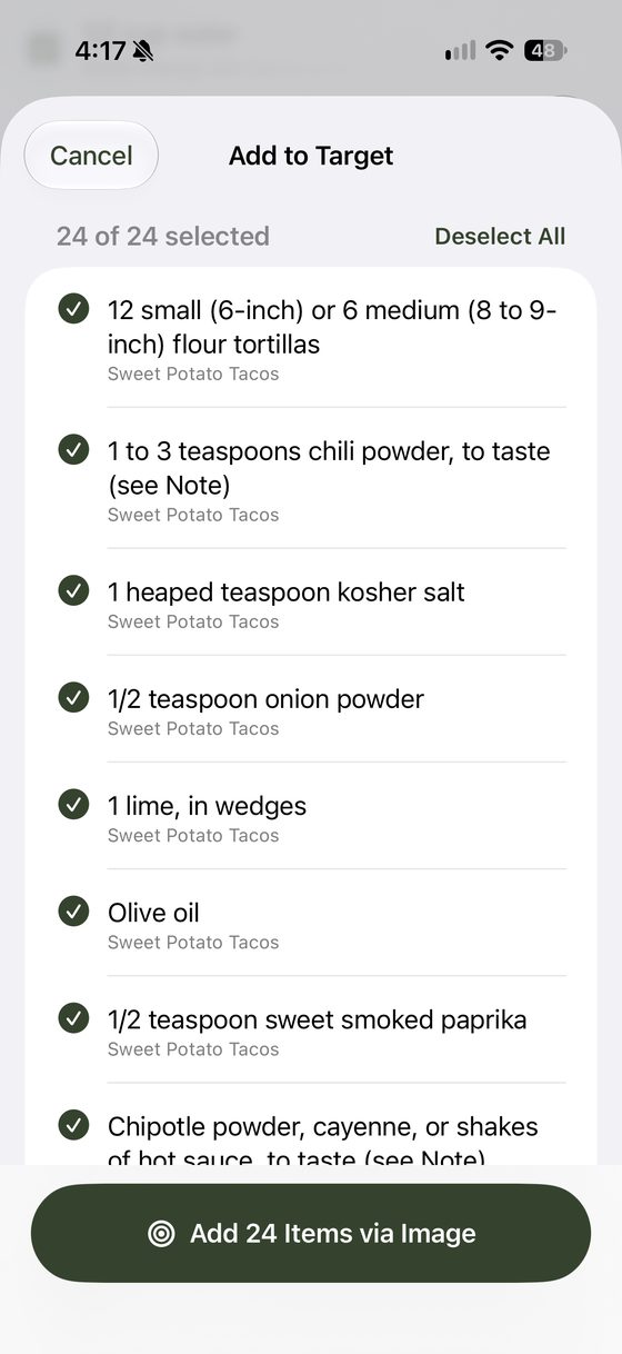Add to Target picker with 24 of 24 items selected